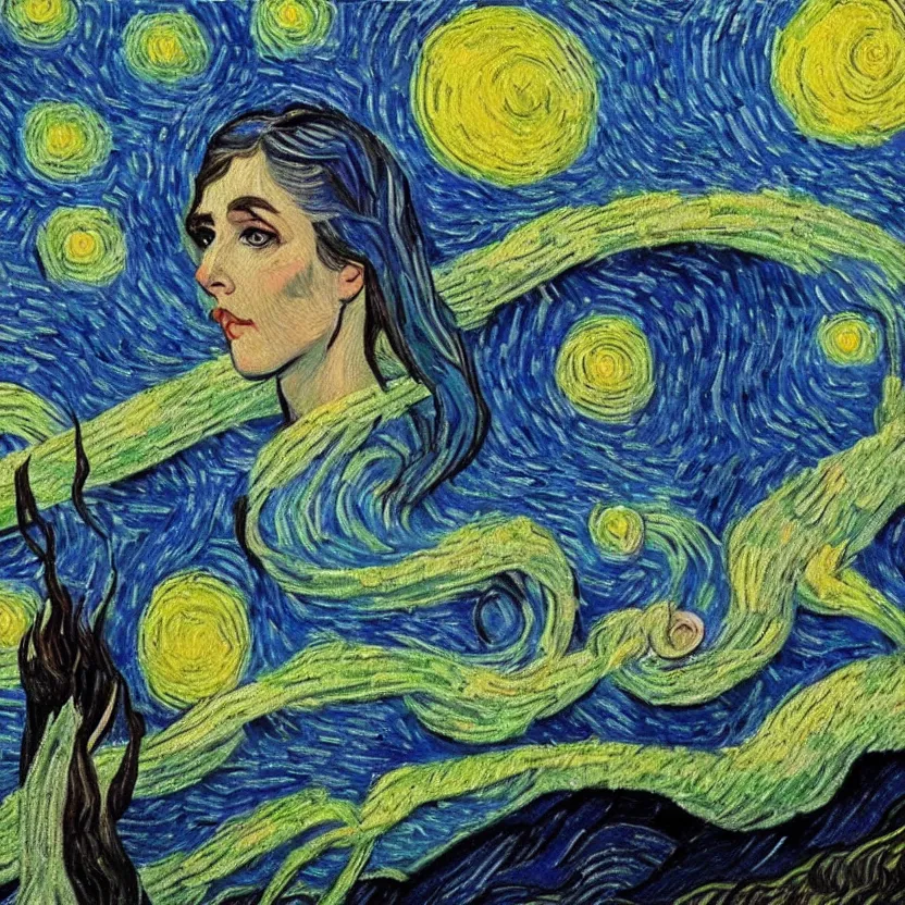 Image similar to An oil painting of terrible, but beautiful Elven Queen in the style of Starry Night by Vincent van Gogh
