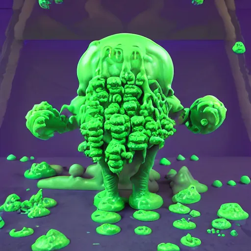 Image similar to slime lord king of the slime universe, skeleton, full body included, wide shot, 1 4 mm lens, f 2. 8, goopy, goop, fluids, soft tissue, subsurface scattering, reflections, ambient occlusion, raytracing, unreal engine 5, pixel art 8 - bit, by beeple