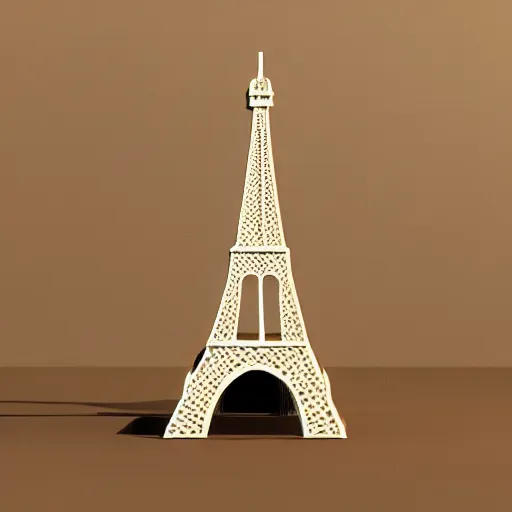 Image similar to 3d render of a small Eiffel Tower model made of Swiss cheese, blue background, soft lighting