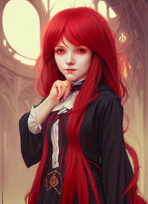 Prompt: portrait cute adult female witch student, magic university school dress, bangs red hair, illustration, highly detailed, digital painting, concept art, matte, art by wlop and artgerm and greg rutkowski and alphonse mucha