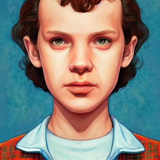 Image similar to beautiful portrait of Eleven from Stranger things by ((martine johanna)) , artstation winner,figurativism , portrait,