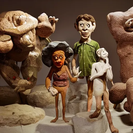 Prompt: a claymation film still of a collection of stone / animism / ethnographic museum / claymation by jeff koons