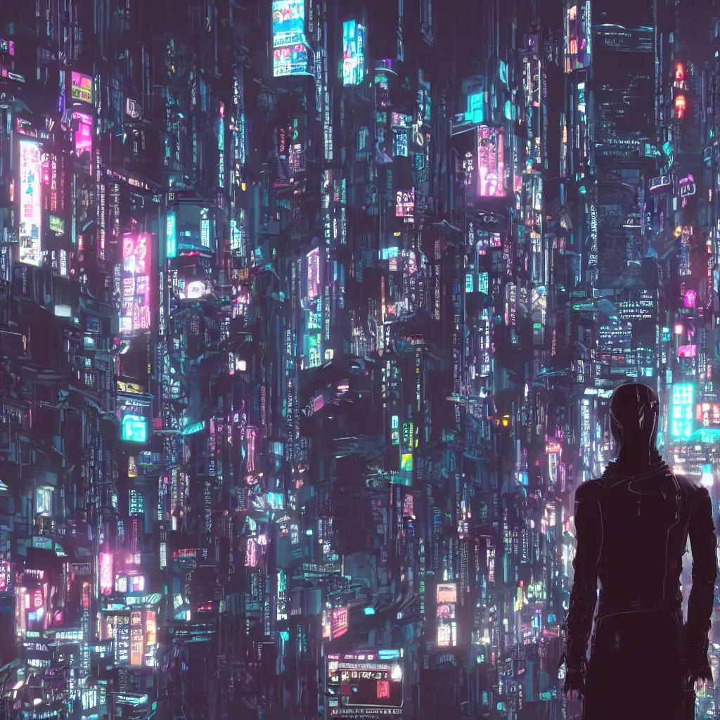 Prompt: cyberpunk android standing in a dark alley looking out to the city in future tokyo at night