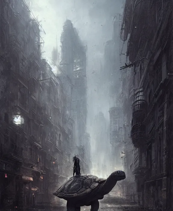Prompt: city on a giant tortoise. dark atmosphere. art by greg rutkowski and luis royo. highly detailed 8 k. intricate. lifelike. soft light. nikon d 8 5 0.