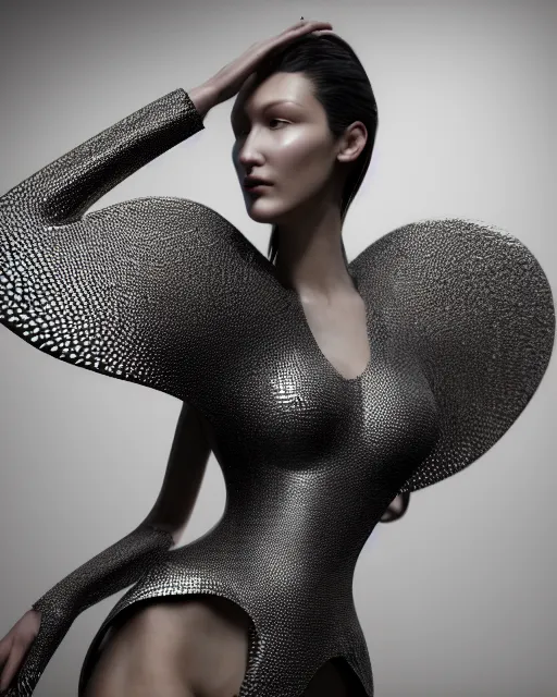 Image similar to a highly detailed metahuman 8 k close up render of bella hadid in iris van herpen dress made in unreal engine 4