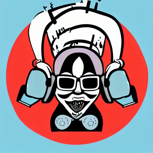 Image similar to svg vector sticker of absolutely insane-mad-scientist-villain, rocking out, wearing headphones, huge speakers, dancing, rave, DJ, spinning records, digital art, amazing composition, rule-of-thirds, award-winning, trending on artstation, featured on deviantart