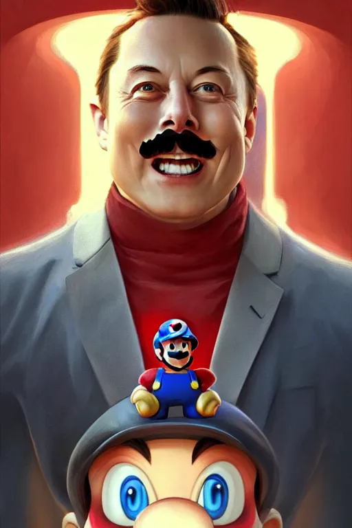 Image similar to elon musk as mario from the super mario bros, realistic portrait, symmetrical, highly detailed, digital painting, artstation, concept art, smooth, sharp focus, illustration, cinematic lighting, art by artgerm and greg rutkowski and alphonse mucha