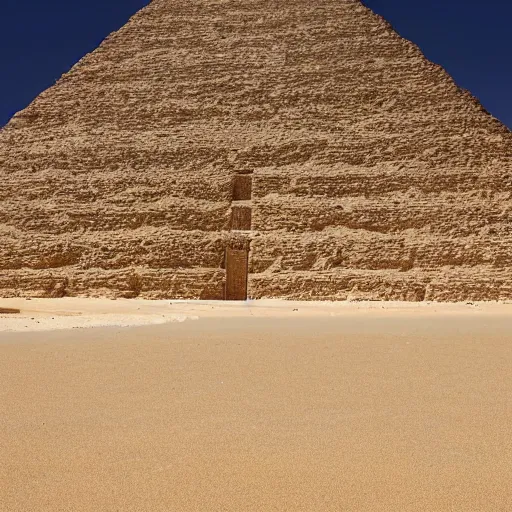 Image similar to front entrance of a pyramid in the desert partially covered by sand, highly detailed