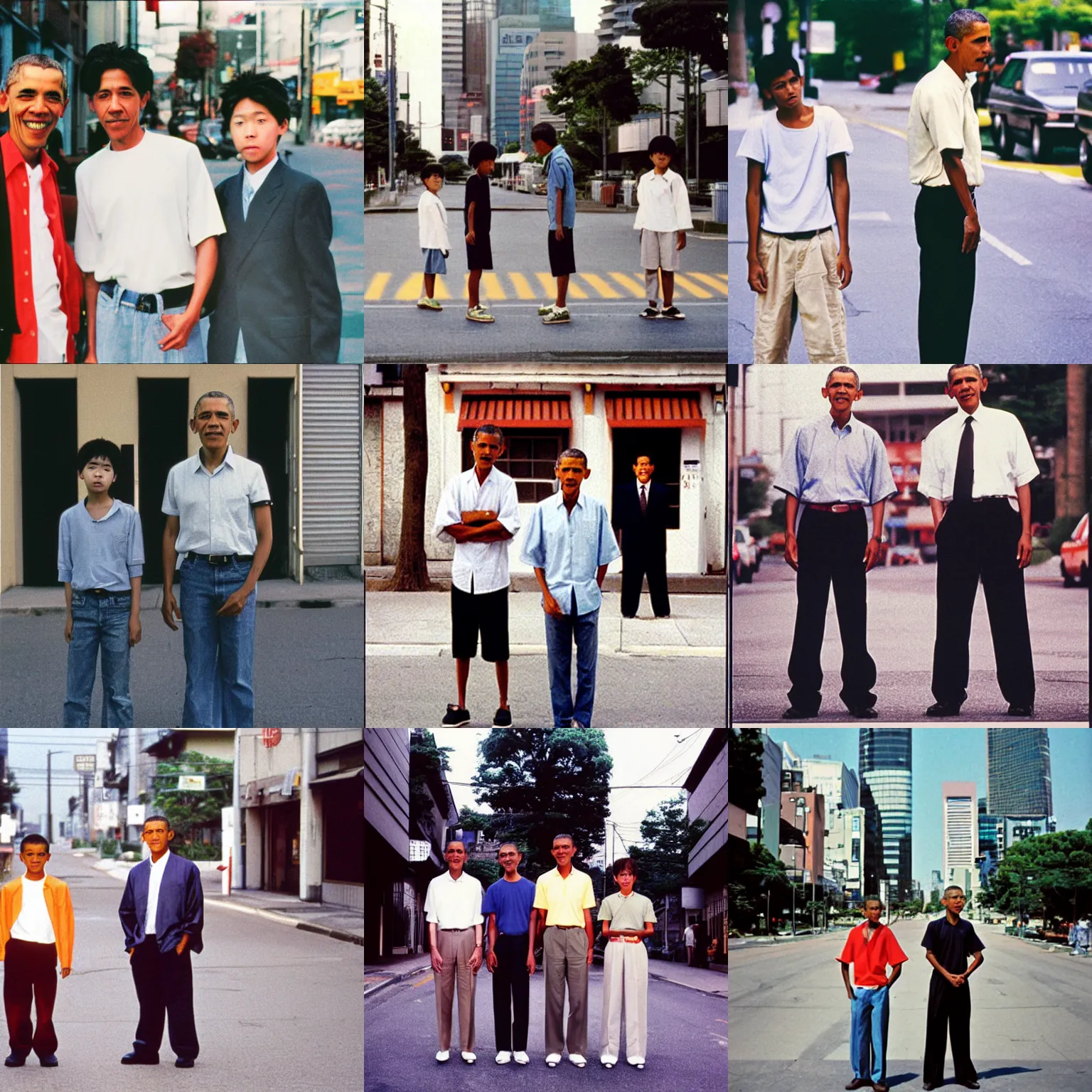 Prompt: A long-shot , color school photograph portrait of three Obama standing on the street, summer, day lighting, 1990 photo from Japanese photograph Magazine.