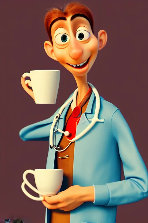 Image similar to portrait of a doctor holding a cup of coffee, hospital in background, full body. pixar disney 4 k 3 d render funny animation movie oscar winning trending on artstation and behance. ratatouille style.