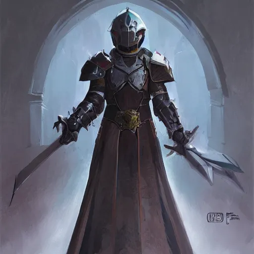 Prompt: armored priest with dark armor and a full helmet, by greg rutkowski, in the style of magic the gathering