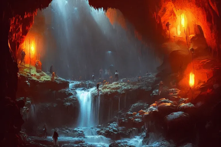 Prompt: inside of a dark cave, small water stream and waterfall, orange minerals, fantasy, highly detailed, art by greg rutkowski