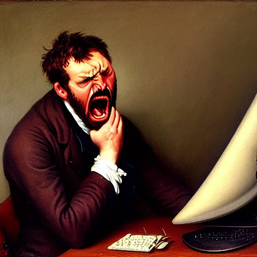 Image similar to an angry man yells at his computer monitor, oil on canvas, 1 8 8 3, highly detailed