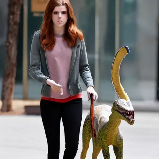 Image similar to paparazzi photo of Anna Kendrick walking her pet velociraptor