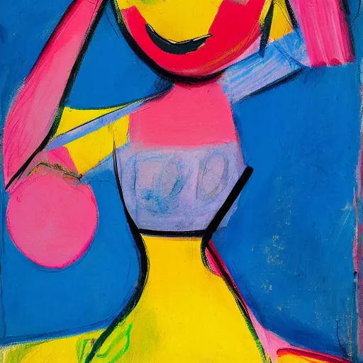 Prompt: representation of a young woman with a happy face in the year 1953 by Willem de Kooning, a Dutch-American abstract expressionist artist