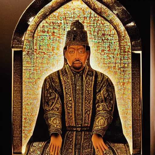 Prompt: a completely transparent glass cube in which the king's body has been perfectly preserved. he is dressed in all his regal finery. his body is beautifully preserved and the display is magnficent. the display is in the catacombs and is beautifully lit