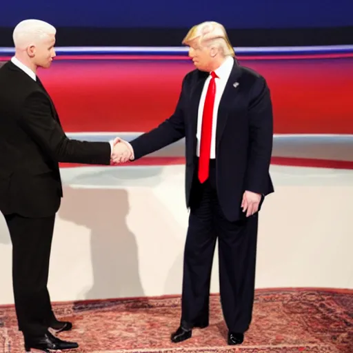 Image similar to anderson cooper and donald trump shaking hands