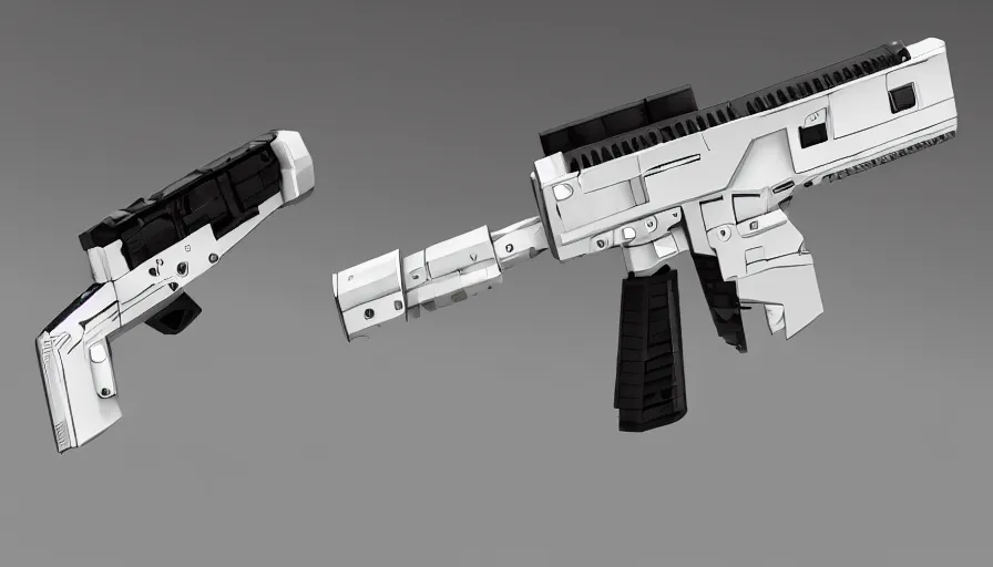 Image similar to extremely detailed ultra realistic side view photo sci fi hyper minimalist magnum pistol coilgun, detailed trigger, chemically propelled, battery, smooth streamline, battery and wires, railgun, chemrail, gauss, elegant sleek smooth body, white paint, smooth utopian design, ultra high quality, octane, cod, destiny, warframe, terminator