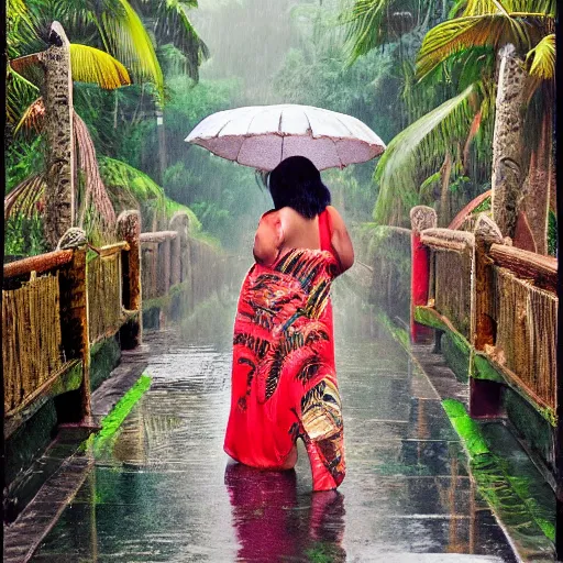 Prompt: monsoon on tropical island, oriental woman, ornate, beautiful, atmosphere, vibe, mist, coconuts, rain, wet, pristine, puddles, melting, dripping, snow, creek, lush, ice, bridge, forest, roses, flowers, by francis bacon