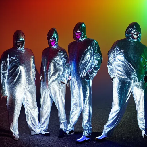 Image similar to unsplash contest winning photo, a giant crowd of men in full - body shiny reflective iridescent silver latex suits including masks and pants and shirts, inside a colorful dramatic unique rocky western landscape, low fog, neon light tube