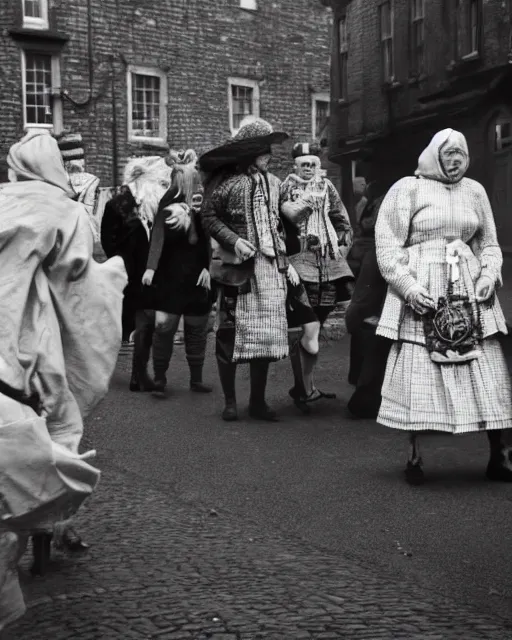 Prompt: Award winning reportage photo of Welsh Natives wearing traditional garb by Garry Winogrand and Dian Arbus, 85mm ND 5, perfect lighting, gelatin silver process