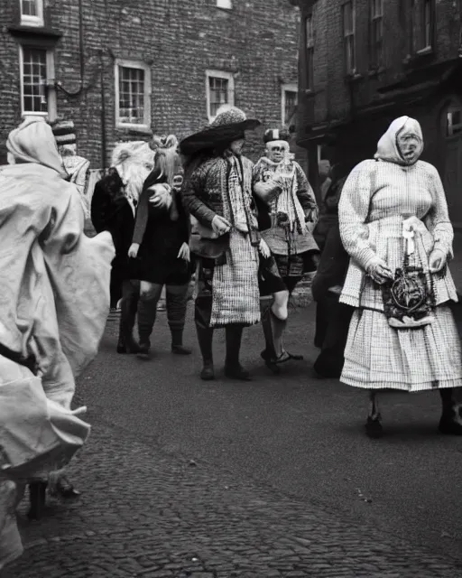 Image similar to Award winning reportage photo of Welsh Natives wearing traditional garb by Garry Winogrand and Dian Arbus, 85mm ND 5, perfect lighting, gelatin silver process