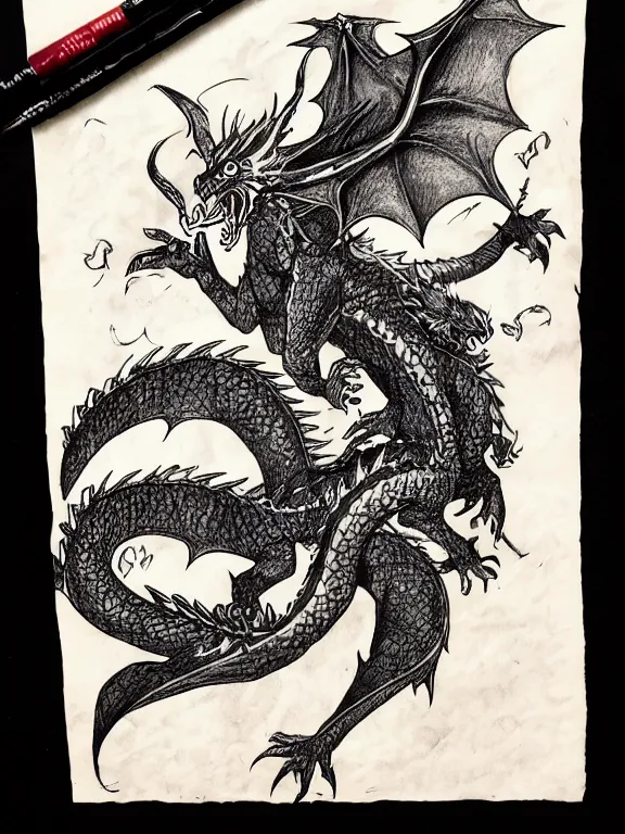 Image similar to ink illustration of a dragon, monster manual style, dungeons and dragons guidebook, tan parchment paper