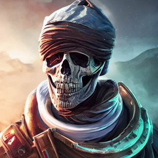 Image similar to a menacing somali space pirate with skull face paint, Apex Legends character digital illustration portrait design, by android jones, detailed, cinematic lighting, wide angle action dynamic portrait