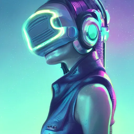 Image similar to cyberpunk concept cool warrior girl bot, galaxy, ufo, space sci - fi, wearing vr goggles, illustration, portrait, pastel neon textured background night, trending on artstation, greg rutkowski, octane rendered, 1 2 k, detailed,