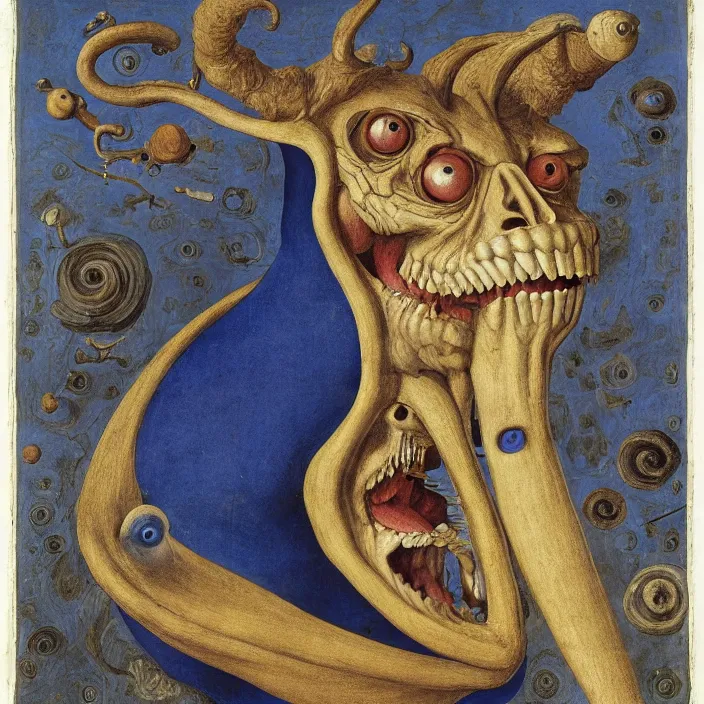 Prompt: close up portrait of a mutant monster creature with giant ear in the middle of the face, lapis - lazuli fangs growing sideways in a spiral shape. by jan van eyck, walton ford