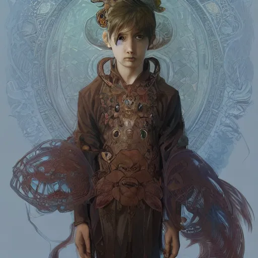 Prompt: a weird supernatural and creepy and adorable kid, fantasy, intricate, elegant, highly detailed, digital painting, artstation, concept art, smooth, sharp focus, illustration, art by artgerm and greg rutkowski and alphonse mucha