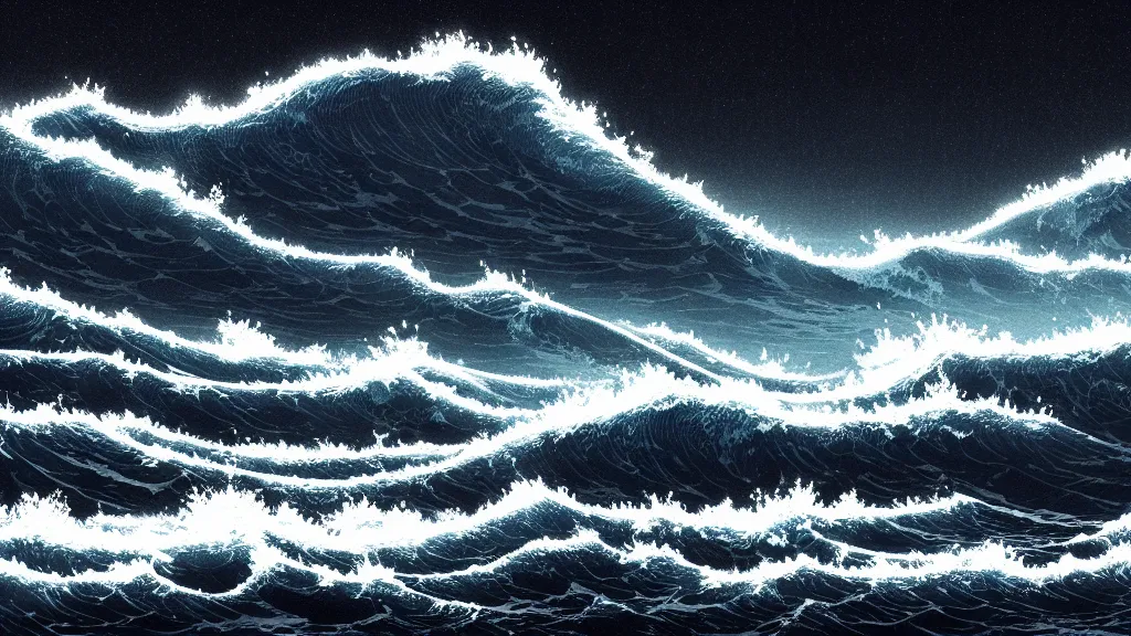 Prompt: highly detailed illustration of high exposure ocean waves at night by makoto shinkai, by nico delort, by dan mumford, by otomo, 4 k resolution