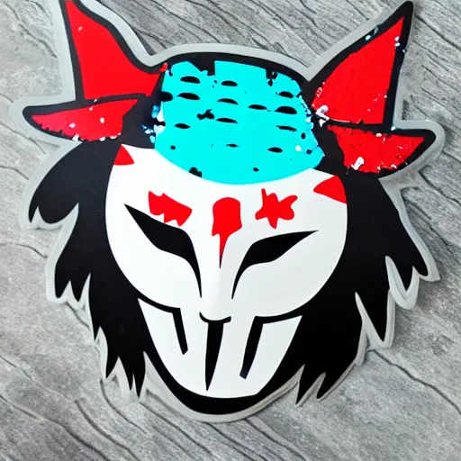 Image similar to die cut sticker, princess mononoke mask, splatter paint