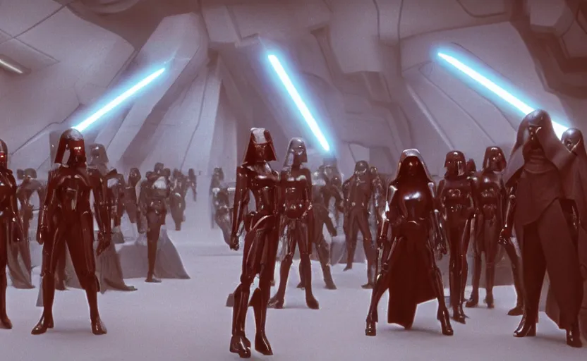 Prompt: a screenshot of a female sith lord design, she is surrounded by dark troopers, red planet, iconic scene from the 1979 film directed by alejandro jodorowsky, shot on anamorphic lenses, cinematography, 70mm film, lens flare, kodak color film stock, ektachrome, immensely detailed scene, 4k