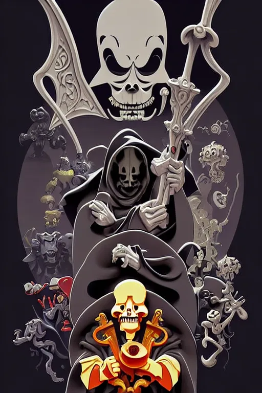 Image similar to video game cover, disney grim reaper dressed with a cape surrounded by monsters and demons, intricate baroque style. by mike mignola, by goro fujita, by octavio ocampo, masterpiece. intricate artwork, very coherent symmetrical artwork, cinematic, pixar studio, smooth gradients, high contrast. full body character, clean ink detailed line drawing