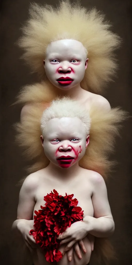 Prompt: award winning photo of calm african albino baby, draped in velvet and flowers, crying blood, vivid colors, happy, symmetrical face, beautiful eyes, studio lighting, wide shot art by sally mann & arnold newman