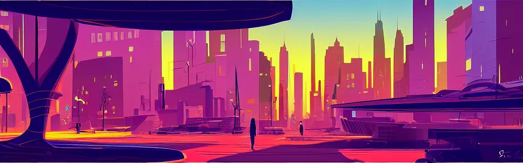 Prompt: sci - fi city street with glass pod buildings, modernism, gouache, sunrise, trees, animated film, stylised, illustration, by eyvind earle, scott wills, genndy tartakovski, syd mead