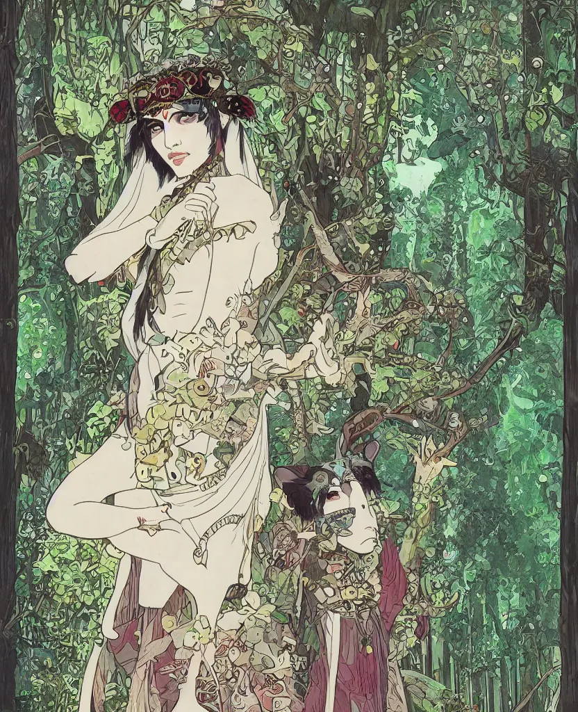 Prompt: portrait of Princess Mononoke wearing her mask, lush forest landscape, style Mucha, gems and gold, waterfalls, denoised, sharp,