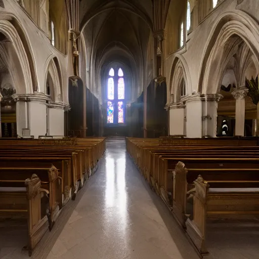 Prompt: a cinematic painting of an abandoned cathedral interior and a strong beam of light shining in through a crack on the ceiling, a mysterious person stands on the alter, ultra realistic, 8 k, movie still, wide angle photograph