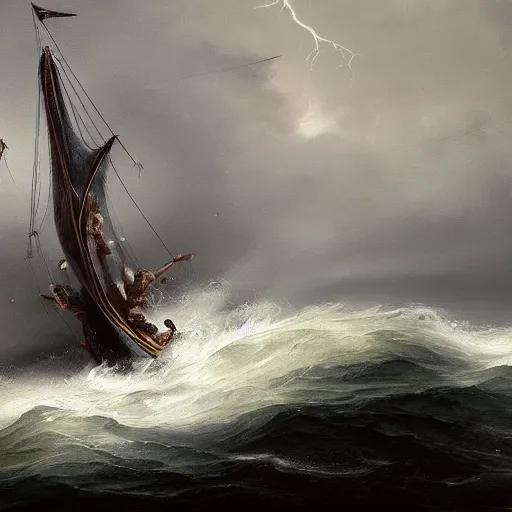 Image similar to stunning painting of a man holding the wheel on a schooner ship during a strong storm, epic concept art