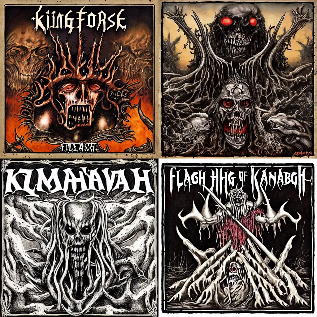 Prompt: fleshforge of the cannibal king, in the style of a heavy metal album cover