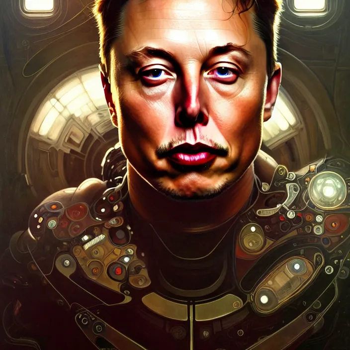 Prompt: portrait of Elon Musk organic cyborg, diffuse lighting, fantasy, intricate, elegant, highly detailed, lifelike, photorealistic, digital painting, artstation, illustration, concept art, smooth, sharp focus, art by John Collier and Albert Aublet and Krenz Cushart and Artem Demura and Alphonse Mucha