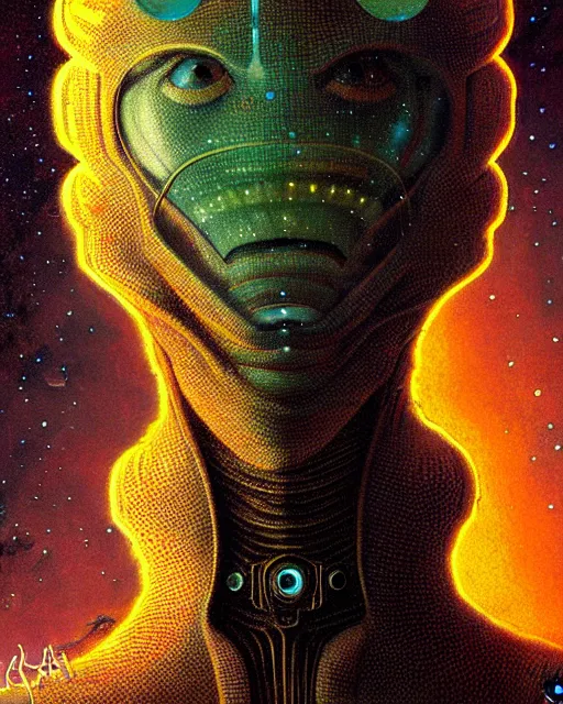 Prompt: unknown creature, character portrait, portrait, close up, concept art, intricate details, highly detailed, vintage sci - fi poster, retro future, vintage sci - fi art, in the style of chris foss, rodger dean, moebius, michael whelan, and gustave dore