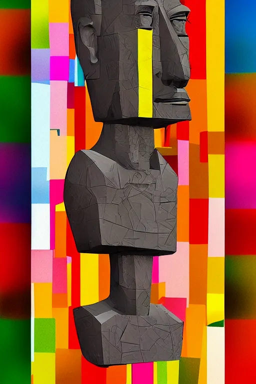 Image similar to cubist moai statue cutout digital illustration cartoon colorful beeple