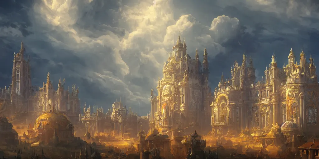 Image similar to a rococo palace in sky, with a gigantic futuristic church, clouds and towers, fortress, morning, andreas rocha, artstation, matte painting