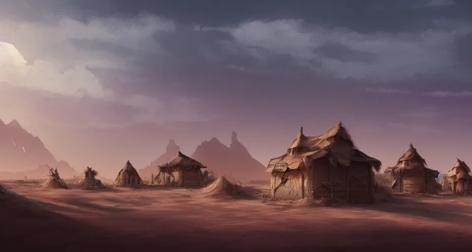 Image similar to a distant desert village, no mountains, artstation, cgsociety