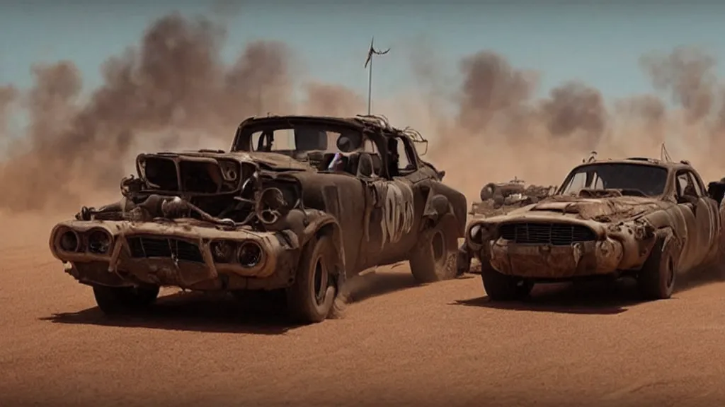 Image similar to mad max cars in a pixar movie