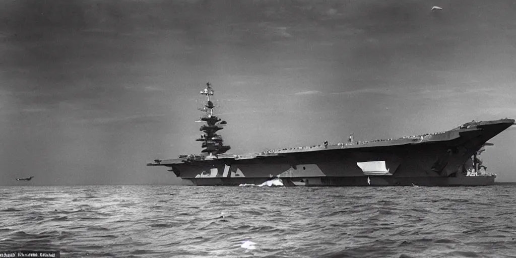 Image similar to a black monolith floats in the sky above an aircraft carrier 1 9 5 0, archive photo