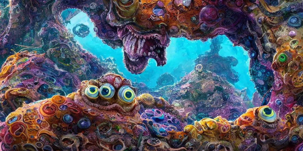 Image similar to of an intricate sea reef with strange cute friendly happy creatures with huge eyes, mouth, long tongue, round teeth and goofy face, appearing from the background, in the style of gehry and gaudi, macro lens, shallow depth of field, ultra detailed, digital painting, trending artstation, concept art, illustration, cinematic lighting, photorealism, epic, octane render