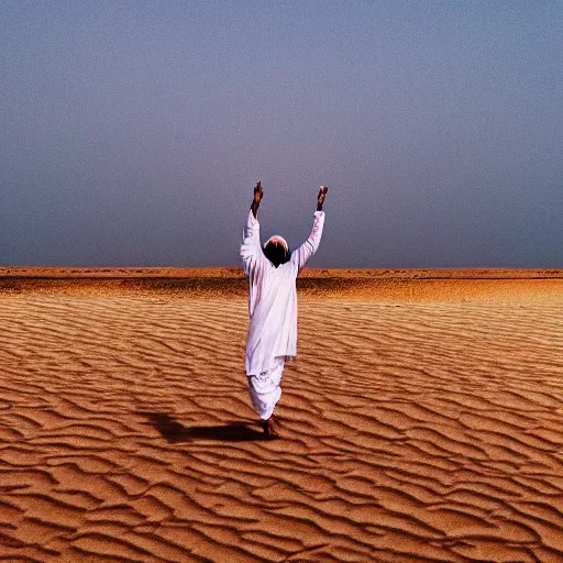 Prompt: low quality image of an indian man in a turban floating above a desert